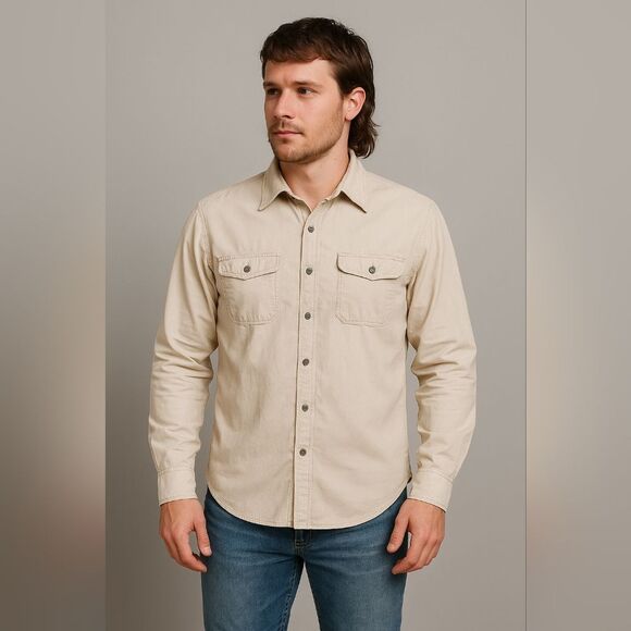 Gap L/S Button Down Shirt L Soft Norm Beige Tan Cotton Twill Pockets Casual - Picture 1 of 8